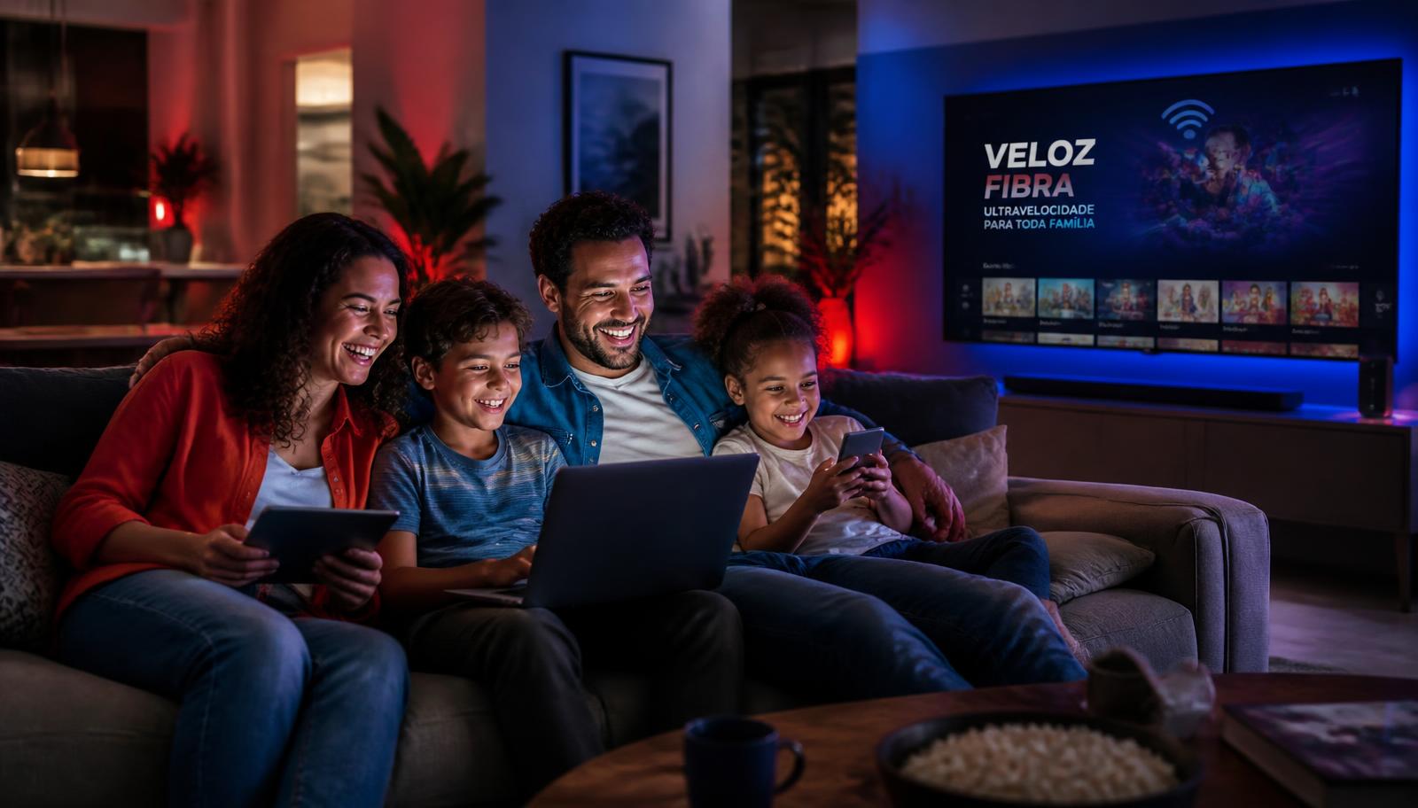 Família conectada na internet em casa usando notebook, tablet e celular ao mesmo tempo